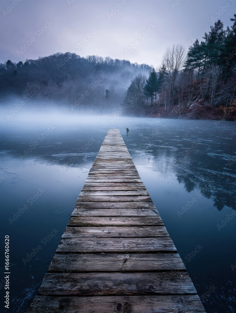 Poster misty dock extending over still water in a tranquil forest setting at dawn