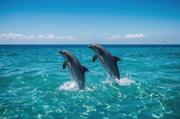 Fototapeta premium Two dolphins leaping together above the water