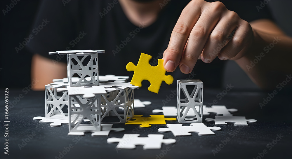 Aufkleber integrating a distinct yellow piece into an elaborate puzzle structure