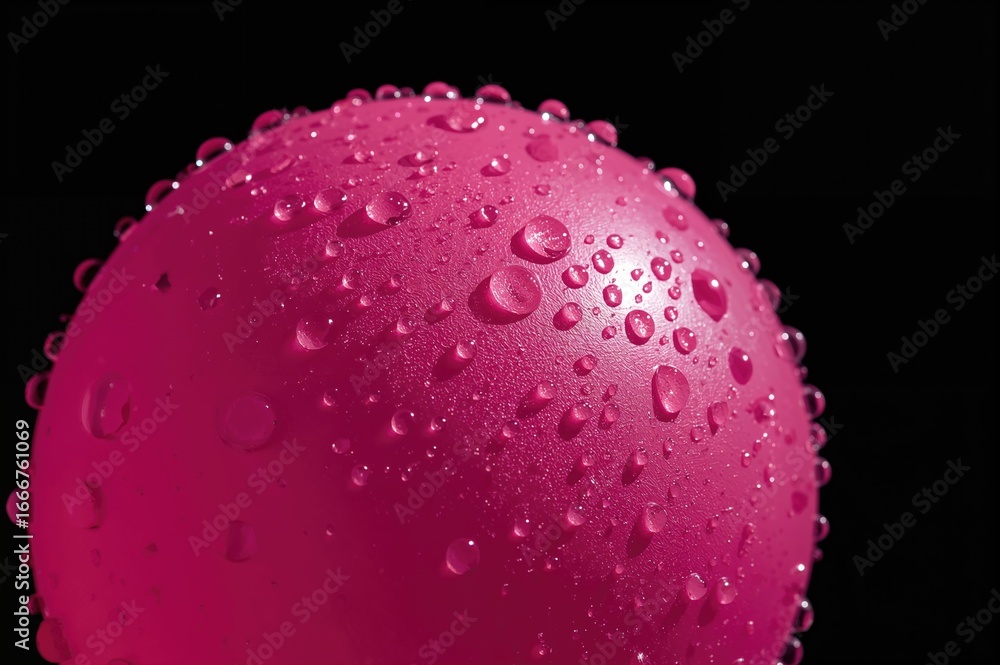 Poster macro shot of a pink rubber sphere covered in water droplets with a zoom blur effect on a dark backd