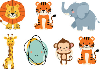 Cute cartoon illustration of jungle animals, lion, tiger, elephant, giraffe, monkey, vector zoo characters, isolated white background design