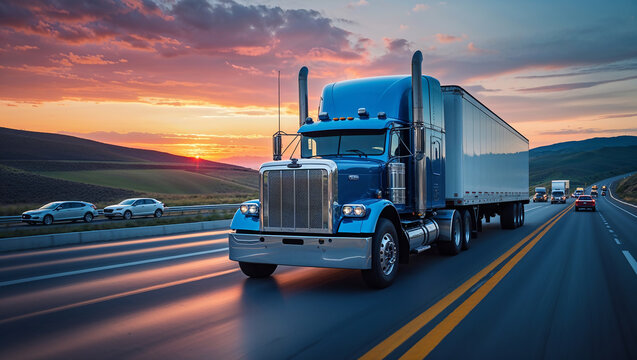 Blue Truck on Highway Under a Stunning Sunset Sky