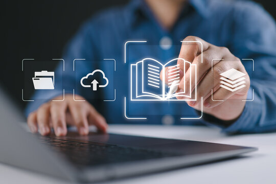 A person using digital pen on laptop with document, folder, book, and cloud upload icons. Concept of digital document management, knowledge base, e-library, cloud storage and online learning.