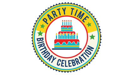Colorful graphic emblem for a cheerful birthday celebration, featuring a multi-tiered cake with glowing candles, perfect for party invitations and festive event branding