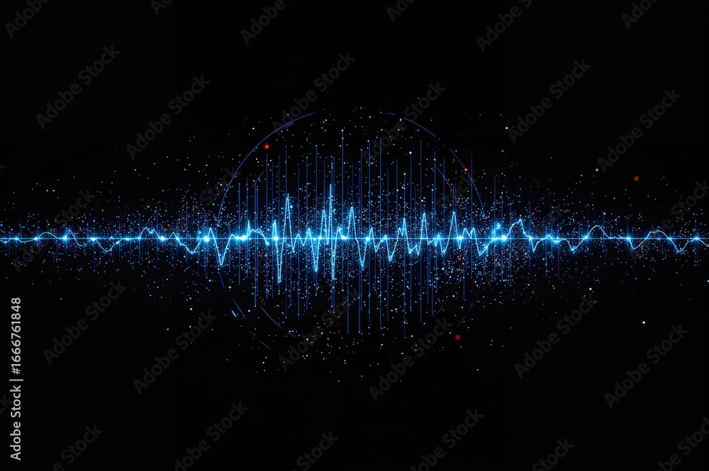 Poster electronic oscillation and audio waveform. circular azure ripple with nodes and specks on a dark bac