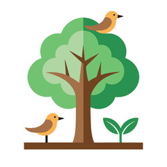“Cartoon Tree with Birds in Peaceful Forest Scene”