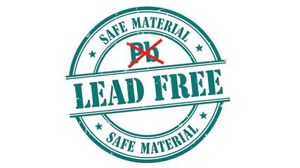 Abstract digital artwork of a green grunge stamp, clearly displaying 'LEAD FREE' and 'SAFE MATERIAL' as an assurance of product safety and quality