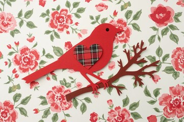 Red paper bird silhouette with a checkered heart on a floral backdrop