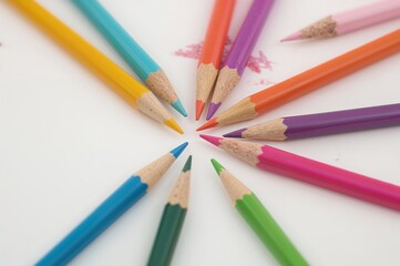 Fototapeta premium Colored pencils on a plain white surface, close-up with selective focus and blurred background