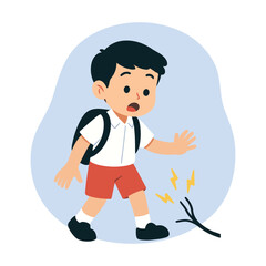 Elementary School Kid Avoiding Electric Cable Flat Vector Illustration