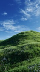Naklejka premium lush green grassy hill with wildflowers under clear blue sky