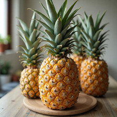 Obraz premium Pineapple, ripe pineapple, yellow pineapple, pineapple leaves, fruit, food Generative AI