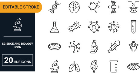 Science and biology vector icon set collection with microscope, dna, lab, atom, cell, research, experiment and molecular study