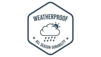 Stylized graphic emblem featuring a cloud, sun, and rain, symbolizing comprehensive weather protection and all-season durability for products or services
