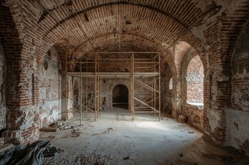 Fototapeta premium Restoration of brick vaulted ceilings using scaffolding inside a cell.
