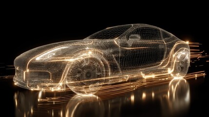 Wireframe car, glowing lines, futuristic