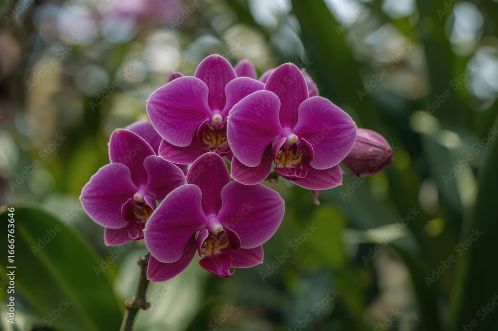 Poster orchids with a deep purple hue oriented to the right
