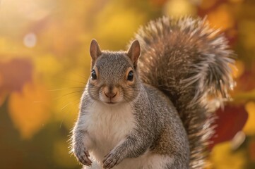 Fototapeta premium Adorable gray squirrel basking in warm autumn sunlight