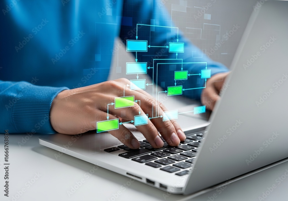 Poster closeup of hands typing on a laptop with a glowing flowchart diagram, symbolizing process optimizati