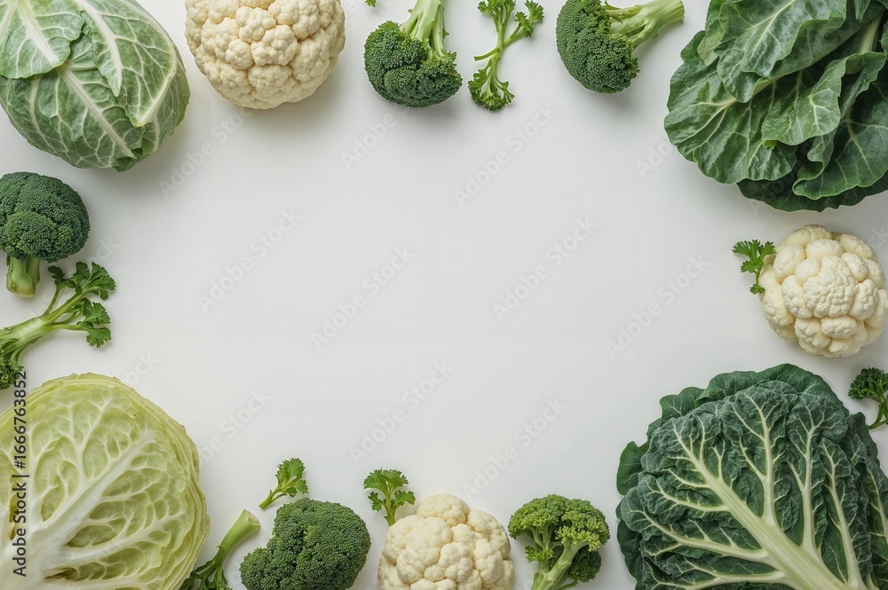 Poster various types of cabbage arranged as a background with empty space for text. healthy eating theme. o