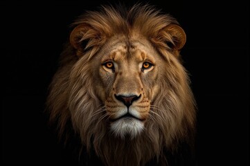 Fototapeta premium High-contrast portrait of a strong male lion with a mane and glowing orange eyes against a dark backdrop