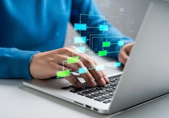 Closeup of hands typing on a laptop with a glowing flowchart diagram, symbolizing process optimization and technological solutions