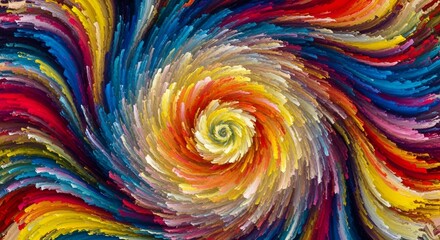 A vibrant abstract painting featuring a swirling vortex of multiple colors, including yellow, blue, red, and hints of orange and green, creating a dynamic spiral effect.