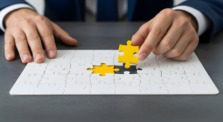 Businessman's Hands Placing the Last Yellow Piece into a White Puzzle