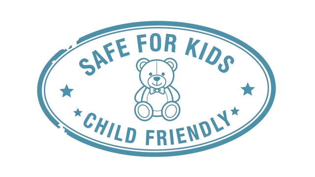 Certified child-friendly product assurance badge design, featuring a delightful teddy bear icon, symbolizing safety and suitability for children's enjoyment and welfare