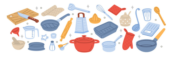 Kitchen utensil set. Frying pan, cutting board, grater, wok and other cooking tools, kitchenware collection. Vector illustration.