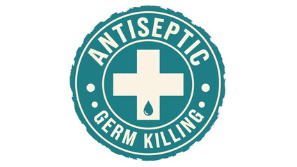 Vintage-inspired emblem for antiseptic and germ-killing products, featuring a distressed teal cross design on a clean white background, symbolizing health and hygiene