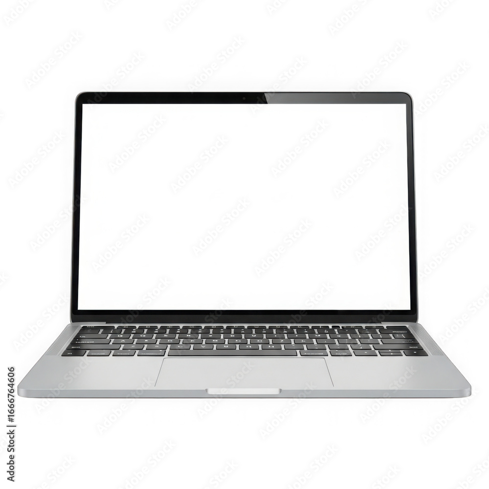 Poster Modern sleek silver laptop front view open display keyboard technology presentation transparent background