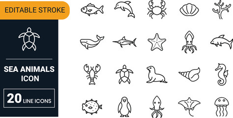 Sea animals vector icon set collection with fish, dolphin, turtle, crab, octopus, seahorse, coral reef and marine wildlife © A.R Designer