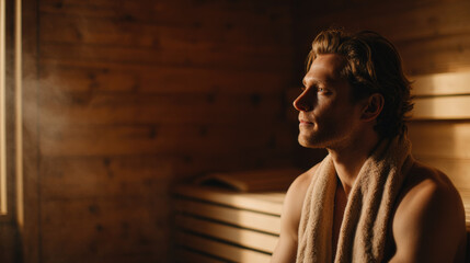 A warm wooden Finnish sauna interior where a local man sits half-body, relaxed as soft steam rises around him