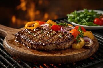 Tasty charred beef served with veggies on a rustic wooden platter