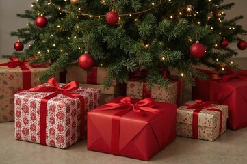 A traditional holiday scene featuring wrapped presents beneath a glowing pine tree decorated with minimalistic red baubles, combining patterned and plain red wrapping for a warm, festive vibe.