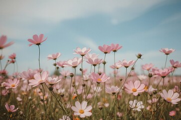 Obraz premium Field of cosmos blossoms with a retro aesthetic