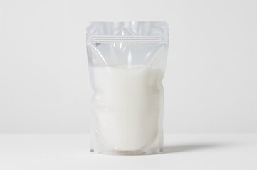 Plastic pouch filled with coconut water against a white backdrop
