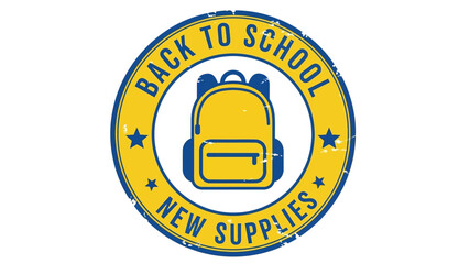 Vibrant yellow and blue grunge style back to school circular stamp graphic with backpack icon and text for new academic year supplies and educational journey