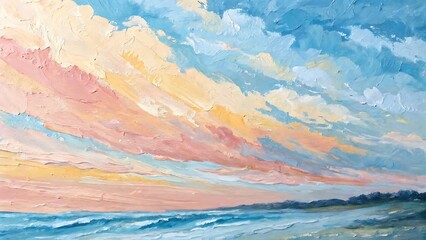 Impasto painting of a beautiful sunset over the ocean with colorful cloudy skies