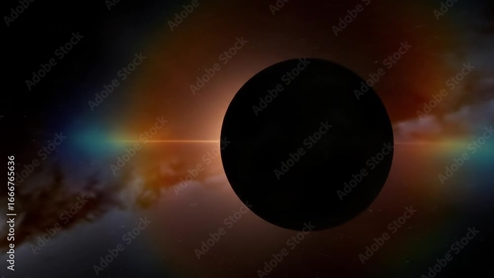 Poster Spherical Planet with Golden Atmosphere Illuminated by a Distant Star Emitting a Fiery Glow in a Vast Dark Universe with Astral Clouds