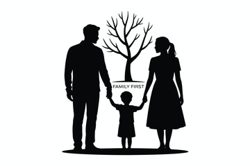 Silhouette of a family with a child holding hands, standing in front of a bare tree, , representing growth and roots