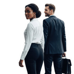 Professional business couple diverse professionalism and partnership in business attire transparent background