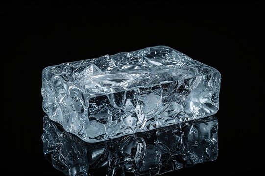 Chilled, rough-surfaced rectangular ice cube against a dark backdrop