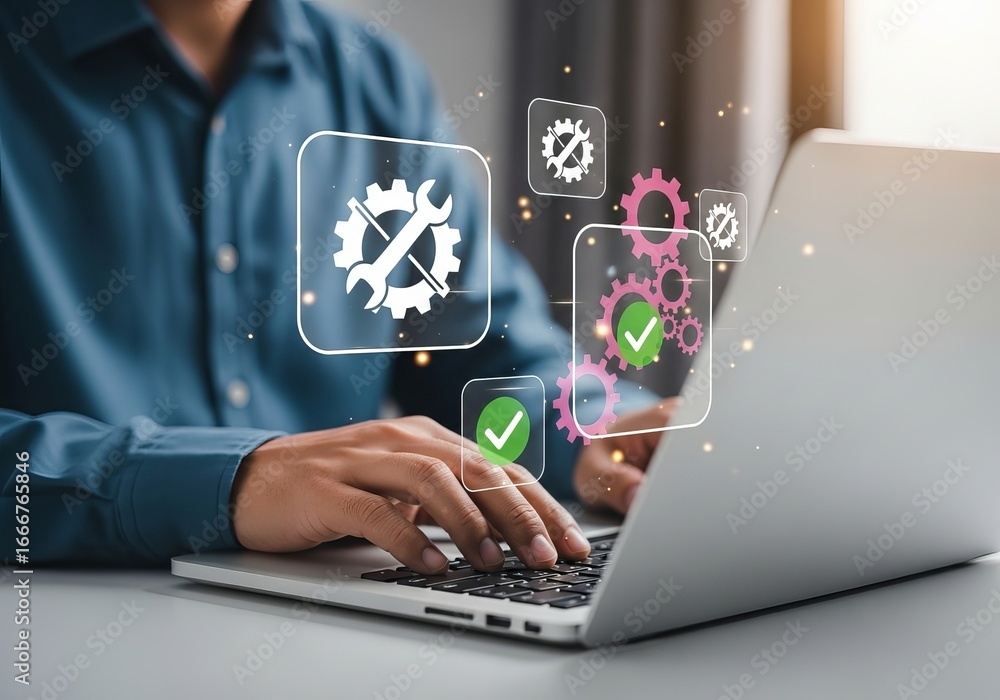 Aufkleber person working on a laptop with technology icons and gears symbolizing process and automation