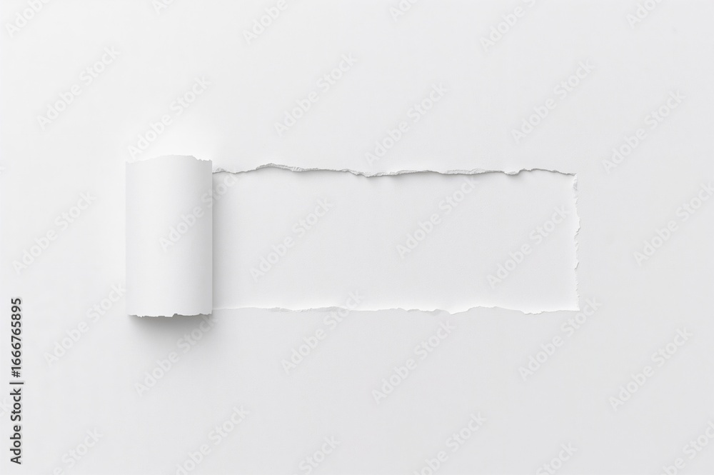 Poster close-up of a torn white sheet with blank area, isolated on a plain backdrop with clipping path.