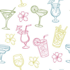Seamless vector pattern with tropical cocktails, hibiscus flowers, and summer drinks. Colorful hand drawn design perfect for beach party, bar, menu, fabric, and wrapping paper