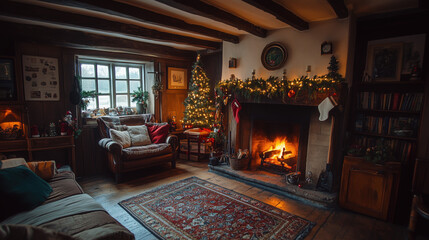 a countryside cottage living room decorated for Christmas, low wooden beams, roaring fire © ganlaya