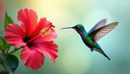 Fototapeta premium Vibrant hummingbird hovers near bright red hibiscus flower, wings blurred in motion. Tiny bird with iridescent green, blue plumage sips nectar from tropical bloom. Close-up view of fauna in natural