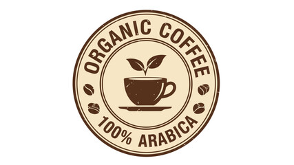 Stylized circular graphic illustration depicting a steaming cup of 100% Arabica coffee, emphasizing its organic purity and natural origins, perfect for branding or decorative elements
